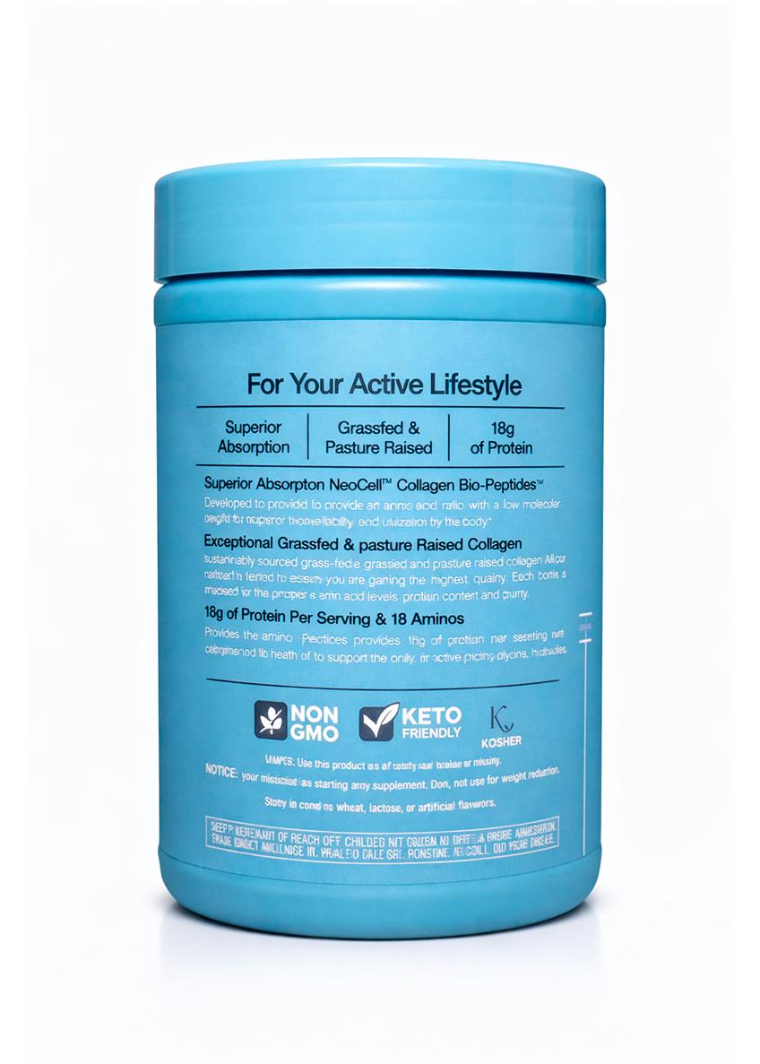 NeoCell Collagen Bio-Peptides - Etiqueta posterior, certificaciones NON GMO, Keto, Kosher